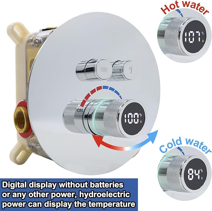 Round Digital Display Shower Valve 2 Way Shower Mixing Valve Concealed Installation Can Use All the Time Polished Chrome