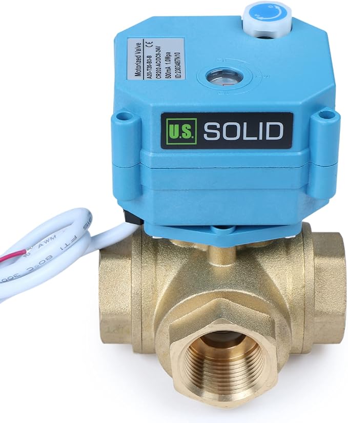 U.S. Solid 3/4" 3 Way Brass Motorized Ball Valve L Type AC/DC9-24V, Water Shutoff Valve with Manual Function, Standard Port, NOT for Drinking Water