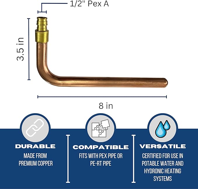 XFITTING 1/2 inch Pex A Expansion Stub Out Elbow 3.5 inch x 8 inch, F1960, Copper, 30-3-6=2X, 2 Pieces