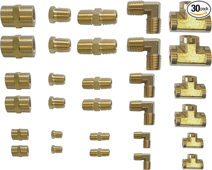Brass Pipe Fittings, NPT Tee, Hex Head, Hex Nipple, Hex Coupling, 90 Degree Barstock Forged Elbow, Air Hose Fittings, 1/8" 1/4" 3/8" NPT Brass Fittings Kit, for Up to 1200PSI