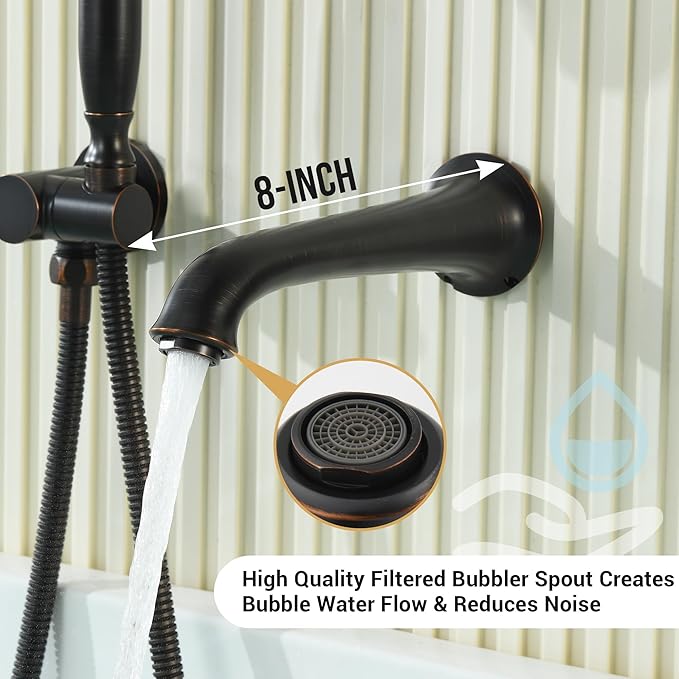 DASAN Antique Wall Mount Tub Filler Faucet with Hand Held Shower, Oil Rubbed Bronze Bathtub Faucet with Sprayer Wall Mounted Roman Bath Tub Faucet Set with High Flow Rough in Valve, AT201TF-ORB