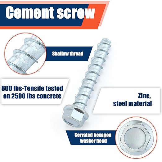 Tandefio 60 Pack 3/8" x 2"-1/2" Concrete Screw Anchor Galvanized Large Diameter Heavy Duty Plated Concrete Anchors for Masonry Brick Anchoring Block Decking Framing Hex Drive