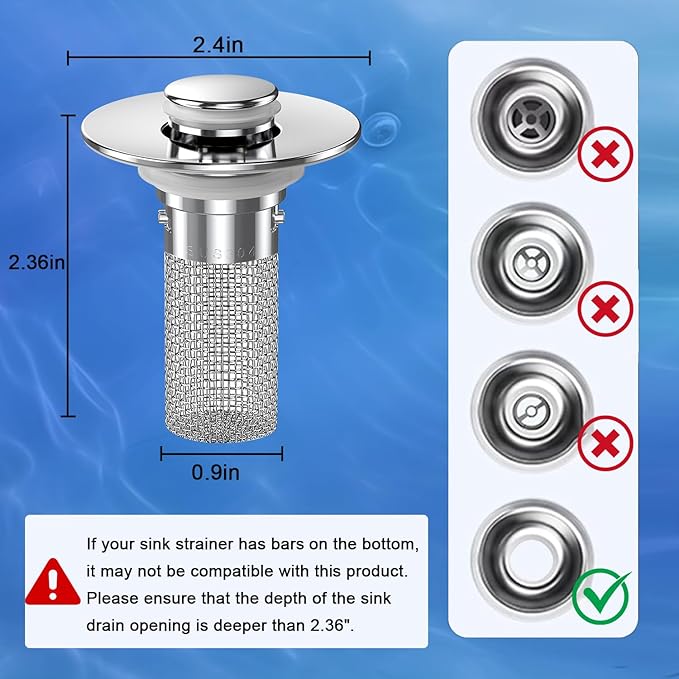 Sink Stopper Hair Catcher,(2PCS) Pop-up Sink Drain Strainer with Removable Stainless Steel Strainer Basket Hair Catcher, Bathroom Sink Strainer for Bathroom Sink Stopper Replacement