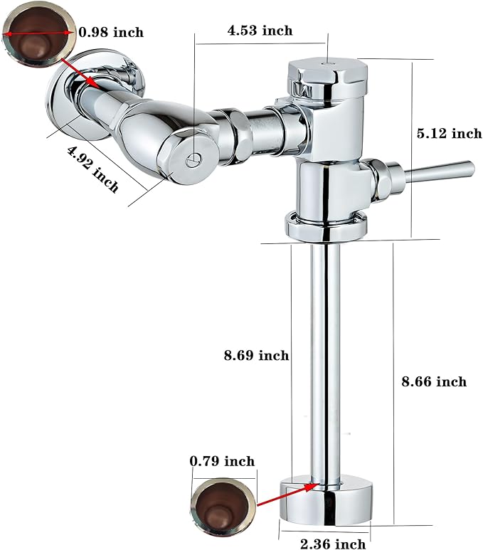 Exposed Manual Urinal Flush Valve Toilet 1 GPF Flushometer Adjustable Water Volume Knob Chrome Polish Finish Suitable for Public Places Hotel Office Market