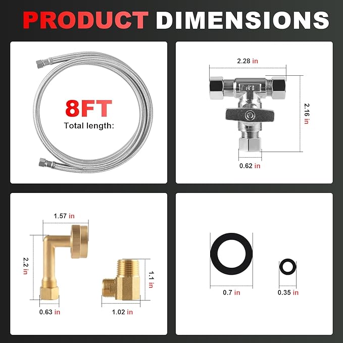Dishwasher Installation Kit, 8ft,Dishwasher Water Supply Line, Stainless Steel Braided Burst Proof Hose 3/8''x 3/8''Kit With Tee Stop Valve