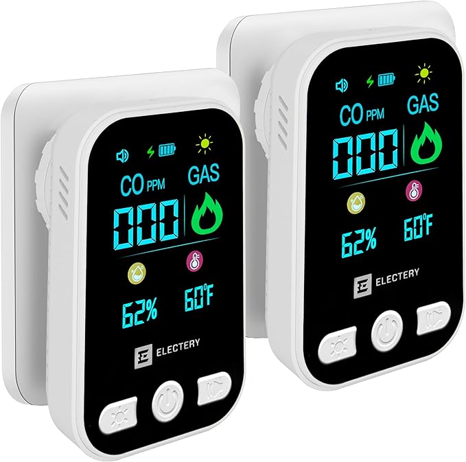 Carbon Monoxide Detector Plug in, 4-in-1 Gas and Carbon Monoxide Detectors with Digital Display, Natural Gas Leak Detector for Home RV Kitchen, Dual Alarm 85dB, Temperature Humidity Sensor (2 Pack)