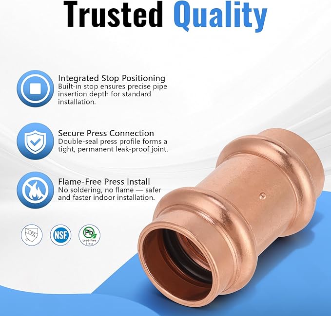(12 Pack YVSKM) 1/2" Press Coupling with Stop, Lead-Free Fittings for 1/2 Inch Copper Pipe, Durable No-Solder Connection for Water, Heating, and Cooling Systems, Corrosion-Resistant Pipe Connector