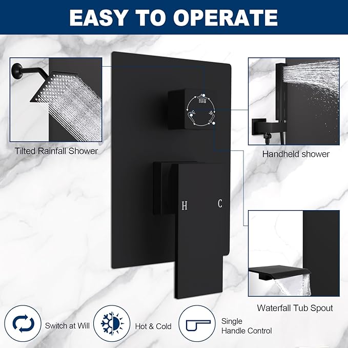 Matte Black Concealed 3 Way Outlet Function Shower Diverter Valve Brass Flow Control Mixer Mixing Rough-In Shower Valve Kit