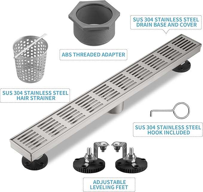 Linear Shower Drain 36 Inch, Professional Brushed SUS-304 Stainless Steel Shower Drain, 51L/Min Fast Drainage Floor Linear Drain, US Standard CUPC Certified, Brushed Silver, SD-109