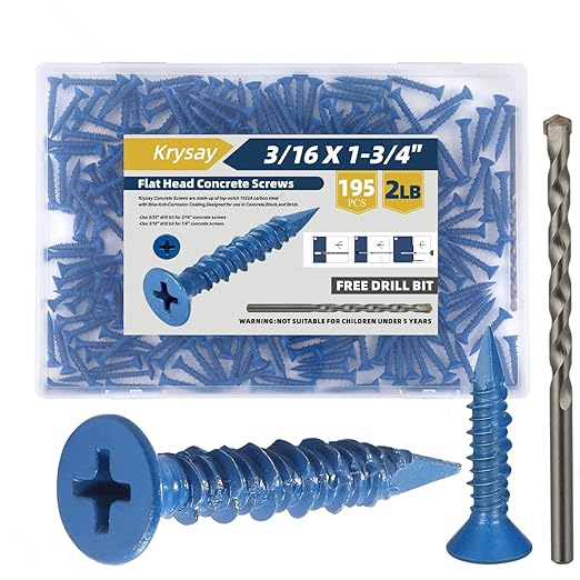 195Pcs 3/16 x 1-3/4 in Concrete Screws with Drill bits,Masonry Screws for Concrete Assortment Kit,Flat Head Block Cement Stacoo Screws and Anchors,Diamond Point,Blue Coated(2LB)