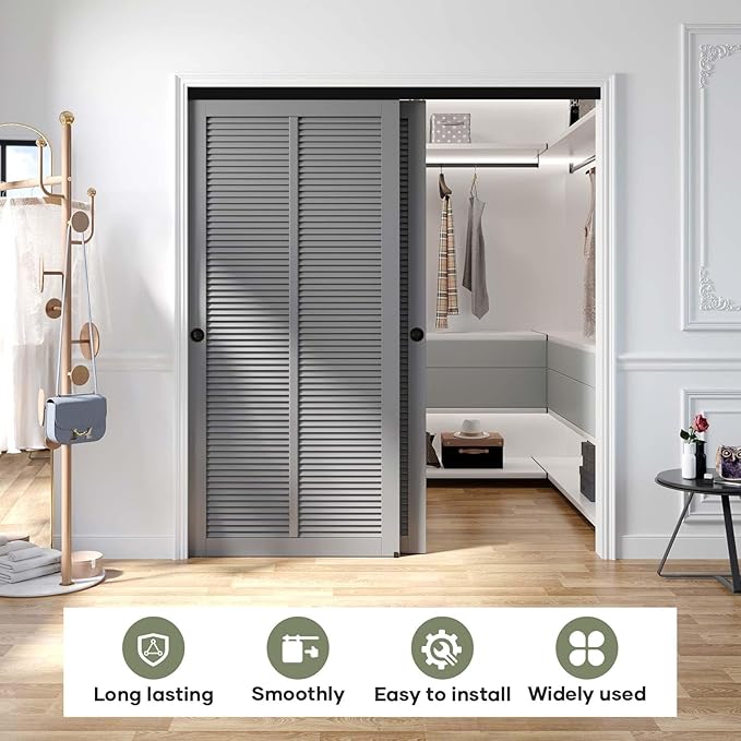 EaseLife 6FT/72in Bypass Double-closing Closet Door Hardware Kit, Aluminum, Wardrobe Bypassing System, Slides Quietly, Easy Install, Black