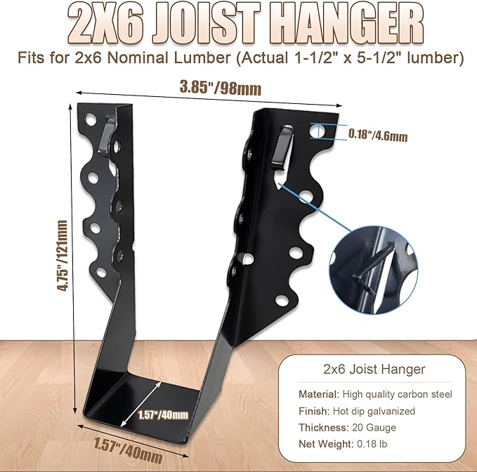 20 PCS 2x6 Joist Hanger,Black Powder-Coated,18 Gauge Galvanizing Face Mount,for Rafter Hurricane Ties Joist Hangers, Tie Brackets for Floor Deck and Ceiling Trusses (2"x 6", 20PCS)
