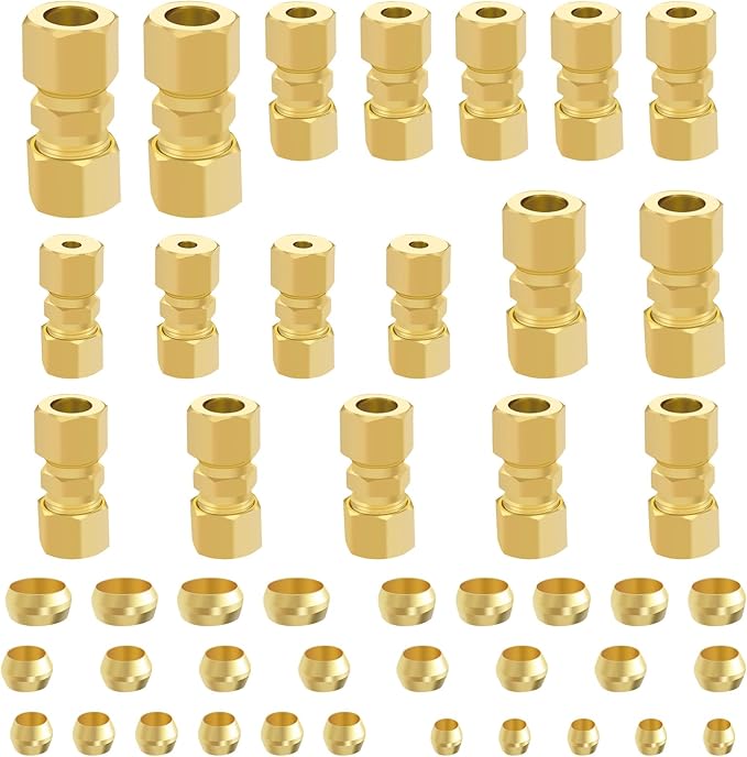 46PCS Brass Compression Tube Fitting Assortment kit- 1/8", 3/16", 1/4", 5/16", 3/8" OD Compression Fittings, Compression Sleeves Ferrules &Compression Union Connector