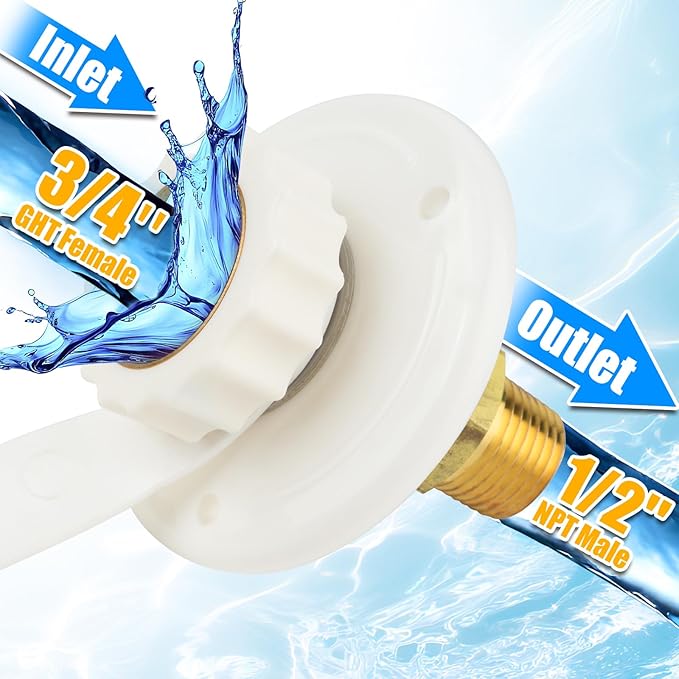 RV Water Inlet Connection City Water Fill Inlet Flange Brass with Check Valve RV Water Hose Connector Replacement 1/2" NPT Male City Water Fill Flange City Water Hookup for Camper (White)