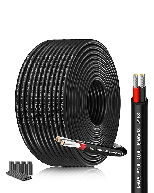 20 Gauge Electrical Wire 2 Conductor 20/2AWG 82.02FT Low Voltage Cable - Tinned Copper Stranded Core with PVC Insulation for LED Strip Lighting Installations, Automotive Marine Wiring Harness