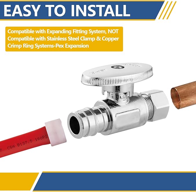 Straight Stop Valve,1/2 Inch Pex Expansion X 3/8 Inch OD Compression Straight Shut-off Valve with 1/4 Turn on/off (Pack of 4,ASTM F1960)(VALVE098-4Pack)