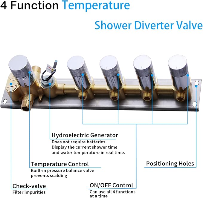 4 Way Shower Diverter Valve with Temperature Display Brass Rough-In Shower Mixing Valve Kit Replacement Can Work At The Same Time, Chrome