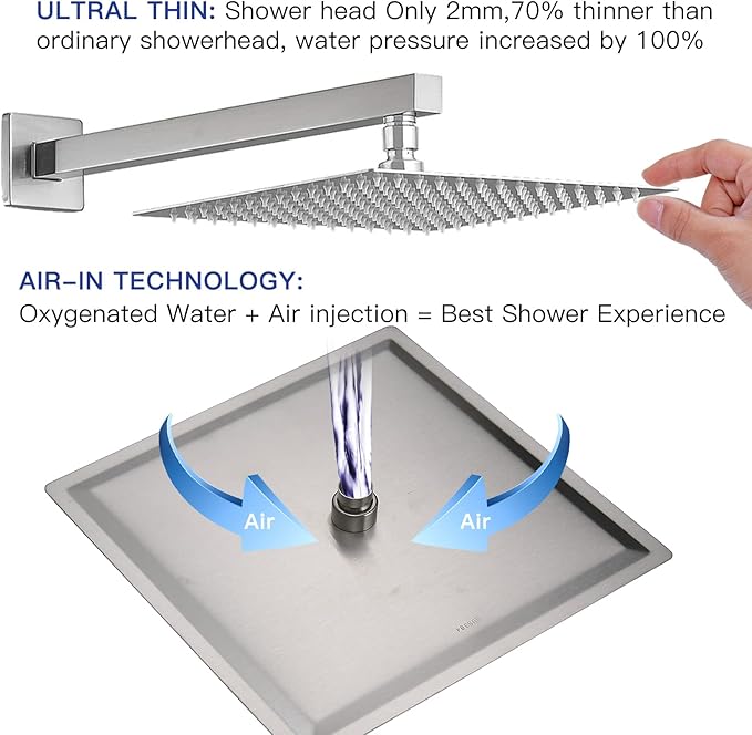 BWE 12 Inch Shower System Brushed Nickel with Waterfall Tub Spout Complete Set Square Luxury Rain Shower Faucet Set Pressure Balancing 3-Function Wall Mount Rough-in Valve Body and Trim Included