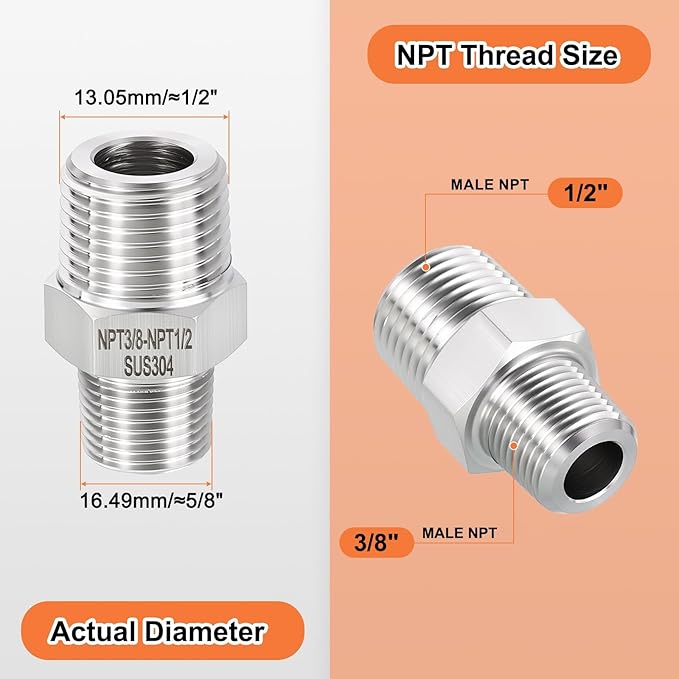 1 Pack 304 Stainless Steel Male to Male Adapter, 1/2" Male NPT x 3/8" Male NPT Hex Nipple Pipe Extension Fitting for Industrial, Automotive, Fluid Transfer, Home Gardening, Water