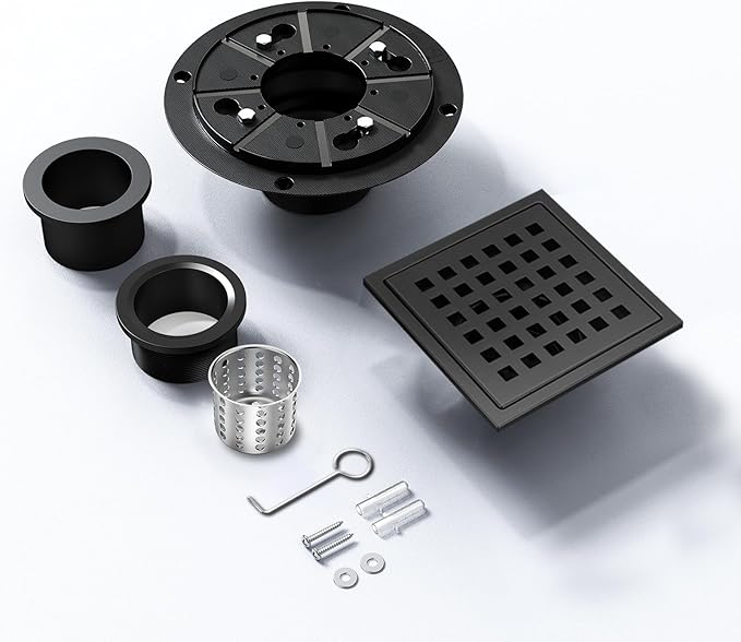 4-1/3 Inch Square Shower Floor Drain,304 Stainless Steel Square Shower Drain, High Flow Design CUPC & Watermark Certified (Black, 4 in)