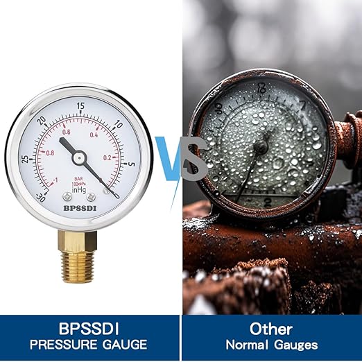 30inHg Vacuum Pressure Gauge, Water Pressure Gauge, 2.5" Dial Size, 1/4" NPT Lower Mount, 304 Stainless Steel Case, for Pneumatic Air Compressor RV Regulator Valve Test(with Tape)