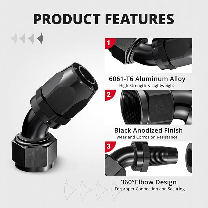 EVIL ENERGY 16AN Hose End Fitting 45 Degree Swivel for CPE Braided Hose Black 2PCS