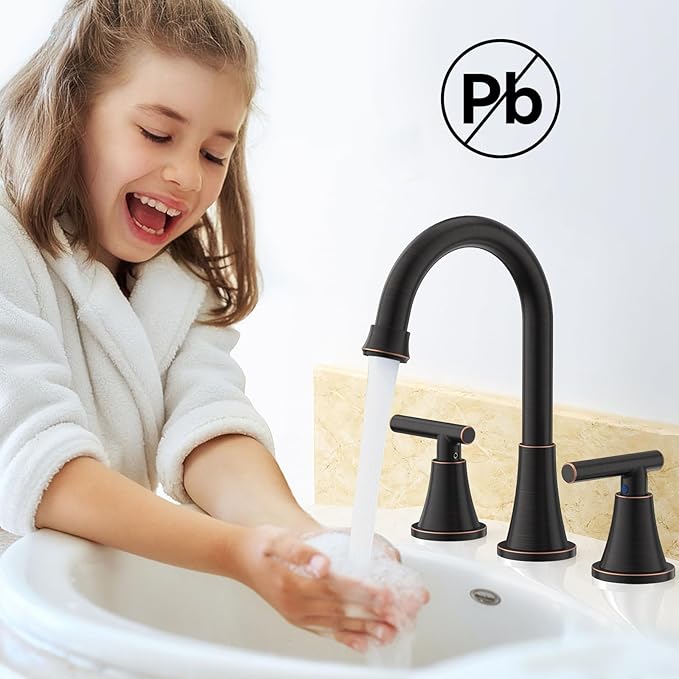 Bathroom Faucets for Sink 3 Hole, Hurran Oil Rubbed Bronze Bathroom Sink Faucet with Pop-up Drain and Supply Lines, Stainless Steel Lead-Free Widespread Faucet for Vanity RV, 2 Pack