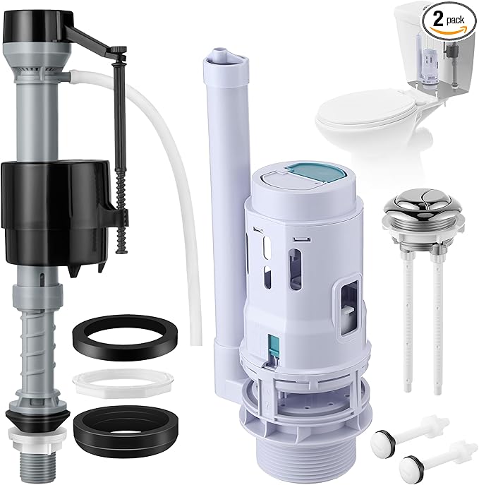 Saillong 2 Pack 3 Inch Universal Toilet Tank Replacement Kit, Include Dual Flush Valve with Push Button, Toilet Fill Valve, Bowl Gasket and Plastic Bolts, Tank Parts Replacement for 2-Piece