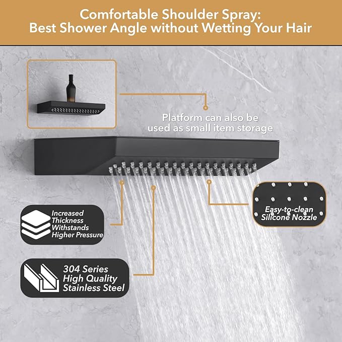 VANFOXLE Shower Faucet Set Matte Black Shower System,Shower Faucet with 2 in 1 Handheld,Ceiling Mount 19 Inch Shower Head+14 Inch Shoulder massager