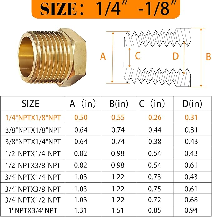 2 Pcs Brass Bushing 1/4" Male to 1/8" Female, 1/4 Brass Fitting to 1/8 NPT Adapter Hex Reducing Pipe Adapter Fitting Pipe Hose Tube Adapter Convert