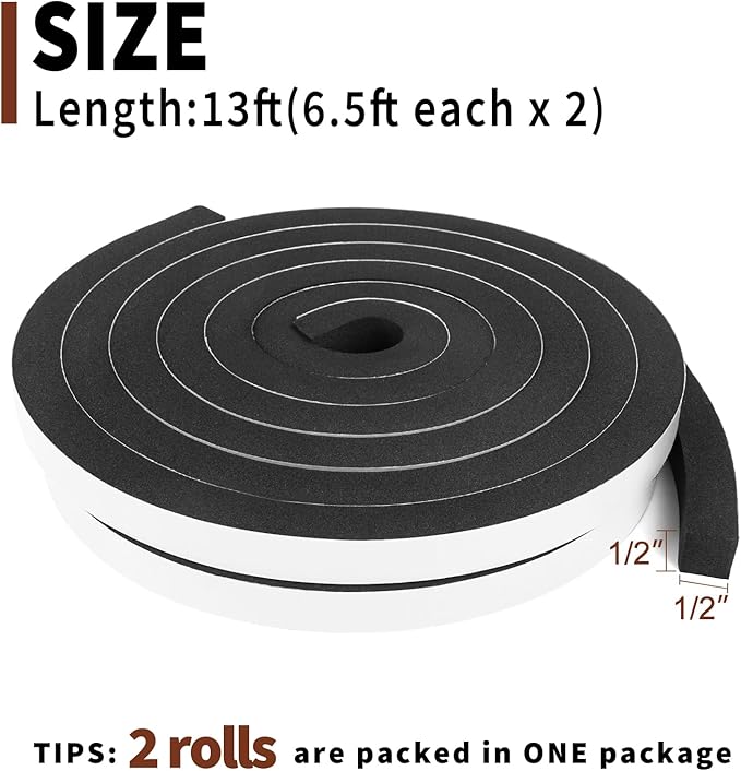 Yotache Window Insulation Weather Stripping 1/2" x1/2", Closed Cell Foam Tape Adhesive Rubber Seal Strip, 2 Rolls x 6.5 Ft Each, Total 13 Feet Long
