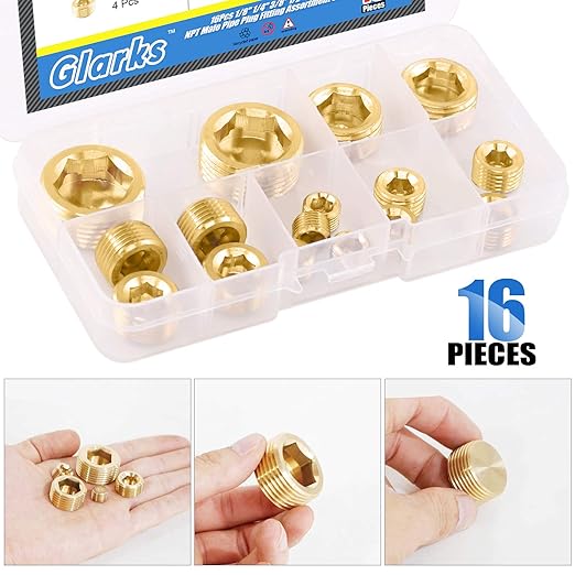 Glarks 16Pcs Brass 1/8'' 1/4'' 3/8'' 1/2'' 3/4'' NPT Male Pipe Plug Fitting Set Internal Hex Thread Socket Pipe Plug Assortment Kit