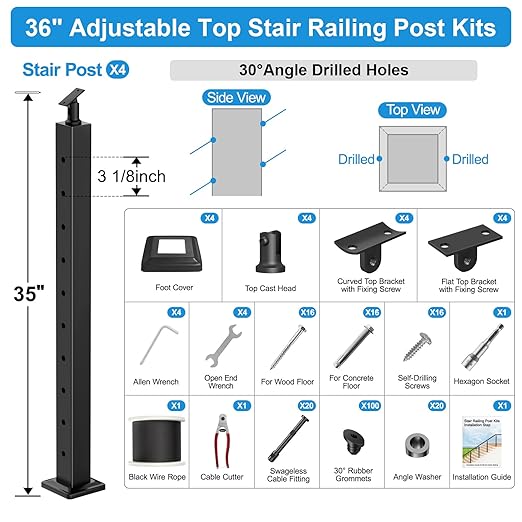 36" Stair Railing Post Kits(Post 35"x2"x2"), Adjustable Top Stair Cable Post System Includes 4Pack Stair Posts, 250FT Wire Rope, Black Swageless Cable Railing System Kit(No Handrail), RG32