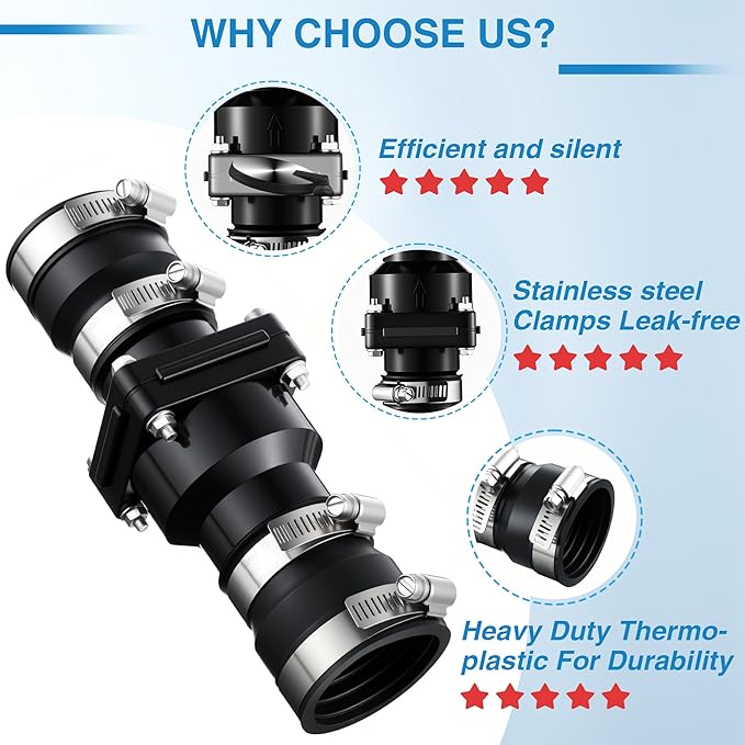 Tellingyou Sump Pump Check Valve Fits 1-1/2 inch or 1-1/4 inch Pipe, Slip On Check Valve with 4 Pcs Stainless Steel Hose Clamps, PVC Flapper Sump Pump Valve Sump Pump Life Expectancy Increase