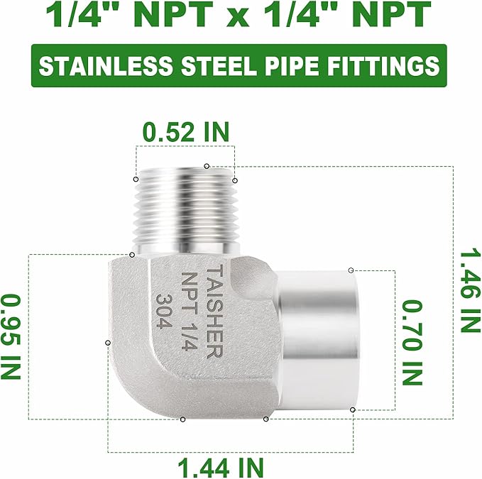 TAISHER 2PCS 304 Stainless Steel 90 Degree Barstock Street Elbow, 1/4 Inch NPT Male Pipe to 1/4 Inch NPT Female 304 Stainless Pipe Fitting