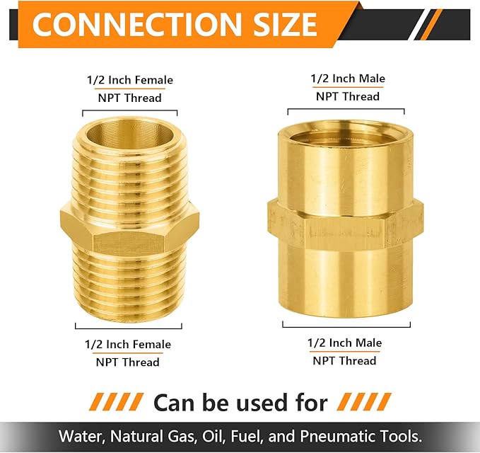 20-PCs HeSun Brass Pipe Fittings Combo, 10-PCs 1/2" NPT Male + 10-PCs 1/2" NPT Female Hex Nipple Adapter