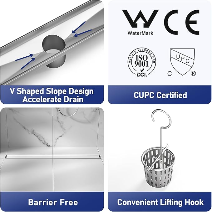 Linear Shower Drain 30", Brushed Floor Drain with Tiled Insert Grate & Hair Strainer, 304 Stainless Steel Bathroom 2-in-1 Tiled in Drain, CUPC Certified (Brushed, 30'')
