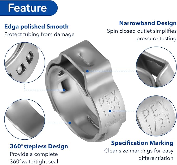 1/2 Inch PEX Cinch Clamps Rings, Premium 304 Stainless Steel Cinch Crimp Rings Pinch Clamps, for PEX Tubing Pipe Fitting Connections (100PCS Per Size)