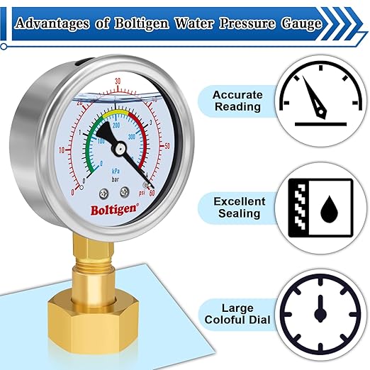 0-100 Psi Water Pressure Test Gauge, Water Pressure Gauge, 3/4" GHT Female Thread Pressure Gauge Filled with Oil, Water Pressure Gauge for Home, Fit for Home Indoors and Outdoors Pressure Test