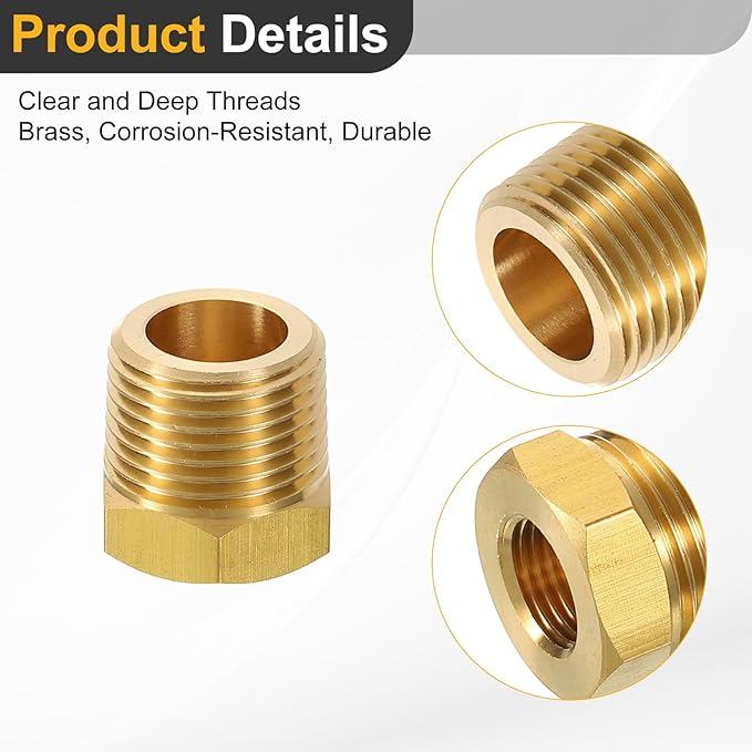 uxcell 2Pcs 3/8 BSPT Male x 1/8 NPT Female Brass Reducer Hex Bushing Threaded Pipe Fitting, Brass Threaded Pipe Fitting Adapter for Water, Gas, Oil Pipeline Systems