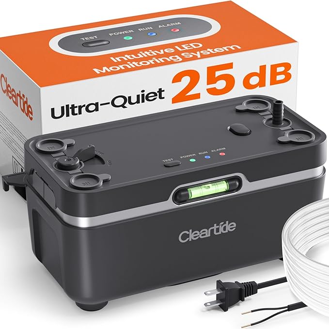 Cleartide Condensate HVAC Pump, Ultra-Quiet 25dB, 1/30 HP 135 GPH, 100-240V, Automatic Condensate Removal Pump with Safety Switch and Tubing for Air Conditioner/Furnace/Dehumidifier/Ice Machine