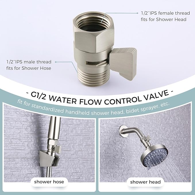 Shower Head Shut off Valve, Brass Water Flow Restrictor with Lever Handle, Brushed Nickel