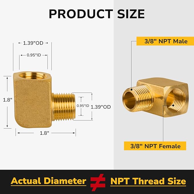 3/8" NPT Male × 3/8" NPT Female 90 Degree Elbow, Brass Pipe Fitting, Barstock Street Elbow for Gas, Air, Oil, Propane, 1200 PSI (2 Pack)