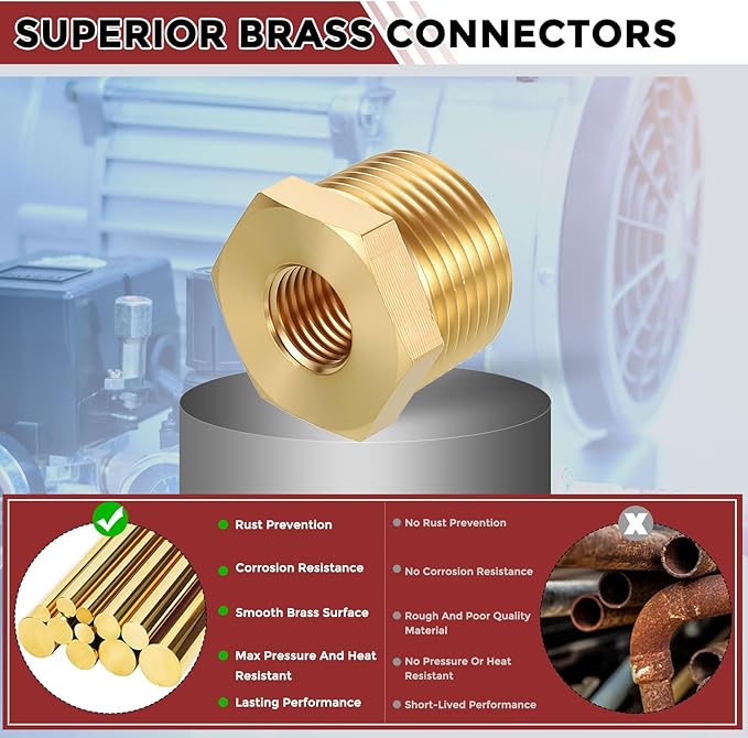 Pack of 5, 3/4" Male NPT to 1/4" FeMale NPT Solid Brass Hex Bushing, Hose Fittings Adapter Threaded Reducer Heavy Duty for Pipe Leak Repair, Bathroom Remodel, Compression