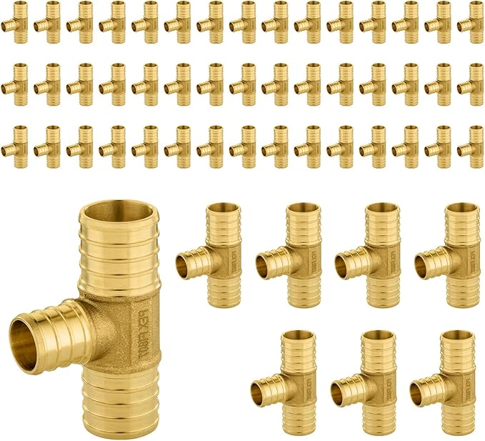 50-Pack PEX Fittings Niikappu 1"x1"x3/4" Pex Tee, Brass Crimp Pipe Fittings for PEX Pipes, ASTM F1807
