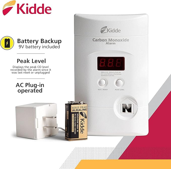 Kidde Carbon Monoxide Detector with Long-Life Lithium Battery, Digital Display, 3 LEDs, Pack of 2 & Nighthawk Carbon Monoxide Detector, AC-Plug-in with Battery Backup, Digital Display