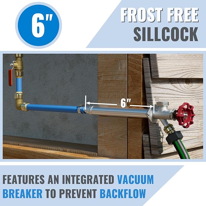SUNGATOR 6 Inch Frost Free Sillcock, Anti-Siphon Outdoor Hose Valve, 1/2" PEX x 3/4" GHT Hose Bibb, No Lead Brass Garden Faucet/Spigot, Frost Proof Outdoor Water Faucet for PEX Pipe