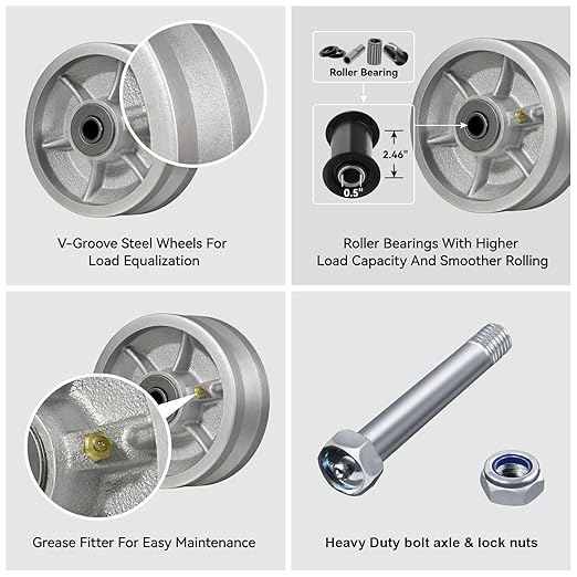5" X 2" Sliding Gate Wheels（4 Pack）, Cast Iron V Groove Wheel with Roller Bearing-900 lbs Capacity, Rolling Gate Wheels, Sliding Gate Casters, Gate wheels for Metal Tube Gate, Silver