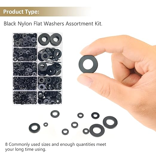 620 Pieces Nylon Flat Washers, Kindroufly 8 Sizes Plastic Washers, Black Nylon Washers Assortment Kit (M2 M2.5 M3 M4 M5 M6 M8 M10)