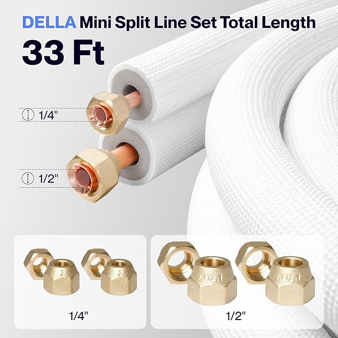 DELLA 33 Ft Mini Split Line Set, Includes 1/4" & 1/2" O.D. Copper Pipes with Flared Nuts and a 3/8" Thick White PE Insulated Coil, Perfect for Mini Split AC and other HVAC Systems